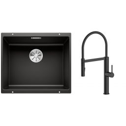 Zestaw Blanco Subline 500-U zlewozmywak granitowy 50x40 cm z baterią kuchenną Oltens Borga czarny mat (35207300, 525995)