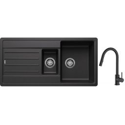 Blanco Legra 6 S zlewozmywak 100x50 cm z Silgranit antracyt z Oltens Litla bateria kuchenna stojąca czarny mat (522207;35204300)