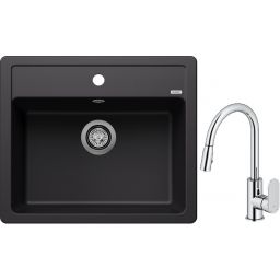 Blanco Legra 6 zlewozmywak 58,5x50 cm z Silgranit czarny z Oltens Lista bateria kuchenna stojąca z wyciąganą wylewką chrom (526084, 35202100)