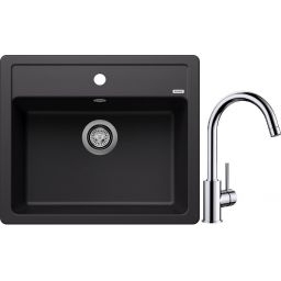 Blanco Legra 6 zlewozmywak 58,5x50 cm z Silgranit czarny z Blanco Mida bateria kuchenna stojąca chrom (526084, 517742)