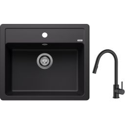 Blanco Legra 6 zlewozmywak 58,5x50 cm z Silgranit czarny z Oltens Litla bateria kuchenna stojąca czarny mat (526084, 35204300)