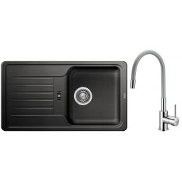 Zestaw Blanco Favos Mini zlewozmywak granitowy 78x43,5 cm antracyt z baterią stojącą Hagser Emma chrom-szary (518186, HGR40000035)