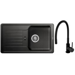 Zestaw Blanco Favos Mini zlewozmywak granitowy 78x43,5 cm antracyt z baterią stojącą Hagser Emma czarna (518186, HGR70000035)