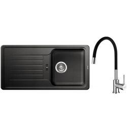 Zestaw Blanco Favos 45 S zlewozmywak granitowy 86x43,5 cm antracyt z baterią stojącą Hagser Emma chrom-czarna (516617, HGR30000035)