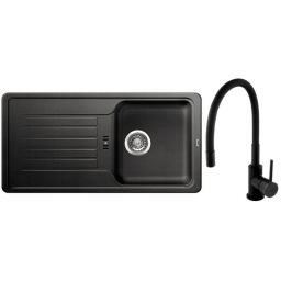 Zestaw Blanco Favos 45 S zlewozmywak granitowy 86x43,5 cm antracyt z baterią stojącą Hagser Emma czarna (516617, HGR70000035)