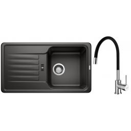 Zestaw Blanco Favos Mini zlewozmywak granitowy 78x43,5 cm czarny z baterią stojącą Hagser Emma chrom-czarna (526078, HGR30000035)