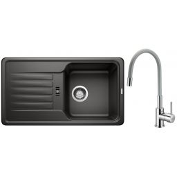 Zestaw Blanco Favos Mini zlewozmywak granitowy 78x43,5 cm czarny z baterią stojącą Hagser Emma chrom-szary (526078, HGR40000035)