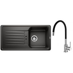 Zestaw Blanco Favos 45 S zlewozmywak granitowy 86x43,5 cm czarny z baterią stojącą Hagser Emma chrom-czarna (526079, HGR30000035)