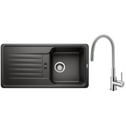 Zestaw Blanco Favos 45 S zlewozmywak granitowy 86x43,5 cm czarny z baterią stojącą Hagser Emma chrom-szary (526079, HGR40000035)