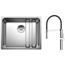 Zestaw Blanco Etagon 500-U zlewozmywak stalowy 54x44 cm z baterią kuchenną Oltens Borga stojąca z wyciąganą wylewką chrom/czarny (521841, 35207100)