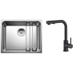 Zestaw Blanco Etagon 500-U zlewozmywak stalowy 54x44 cm z baterią kuchenną Oltens Myvat stojąca z wyciąganą wylewką czarny mat (521841, 35205300)