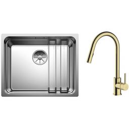 Zestaw Blanco Etagon 500-U zlewozmywak stalowy 54x44 cm z baterią kuchenną Oltens Litla stojąca z wyciąganą wylewką złoty połysk (521841, 35204800)