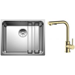 Zestaw Blanco Etagon 500-U zlewozmywak stalowy 54x44 cm z baterią kuchenną Oltens Myvat stojąca z wyciąganą wylewką złoty połysk (521841, 35205800)