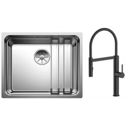 Zestaw Blanco Etagon 500-U zlewozmywak stalowy 54x44 cm z baterią kuchenną Oltens Borga stojącą z wyciąganą wylewką czarny mat (521841, 35207300)