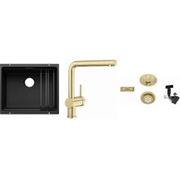 Zestaw Blanco Etagon 500-U zlewozmywak granitowy czarny z baterią kuchenną Linus i armaturą odpływowo-przelewową złotą (527754, 526683, 207423)