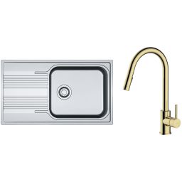 Zestaw Franke Smart SRL 611-86 XL zlewozmywak stalowy 86x50 cm z baterią kuchenną Oltens Litla len/złoty połysk (1010368324, 35204800)