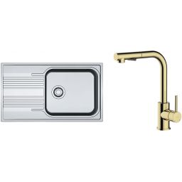 Zestaw Franke Smart SRL 611-86 XL zlewozmywak stalowy 86x50 cm z baterią kuchenną Oltens Myvat len/złoty połysk (1010368324, 35205800)