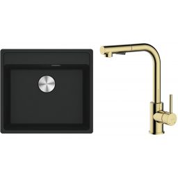 Zestaw Franke Maris MRG 610-52 zlewozmywak 51x56 cm z baterią kuchenną Oltens Myvat czarny mat/złoty połysk (1140661761, 35205800)