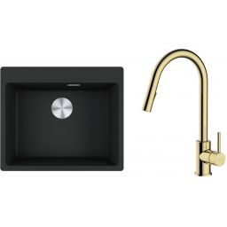 Zestaw Franke Maris MRG 610-54 FTL zlewozmywak 59x50 cm z baterią kuchenną Oltens Litla czarny mat/złoty połysk (1140661794, 35204800)
