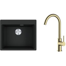 Zestaw Franke Maris MRG 610-54 FTL zlewozmywak 59x50 cm z baterią kuchenną Oltens Skafta czarny mat/złoty połysk (1140661794, 35206800)