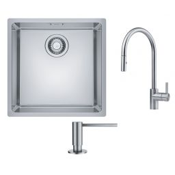 Zestaw Franke Maris MRX 110-40 zlewozmywak stalowy 40x40 cm stal szczotkowana z baterią kuchenną Eos Neo i dozownikiem do płynów 350 ml (1220543995, 1150590045, 1120717084)