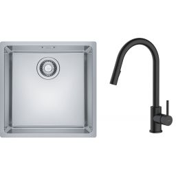 Zestaw Franke Maris MRX 110-40 zlewozmywak 40x40 cm z baterią kuchenną Oltens Litla stal szczotkowana/czarny mat (1220543995, 35204300)