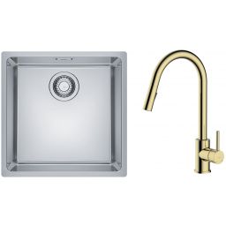 Zestaw Franke Maris MRX 110-40 zlewozmywak 40x40 cm z baterią kuchenną Oltens Litla stal szczotkowana/złoty połysk (1220543995, 35204800)