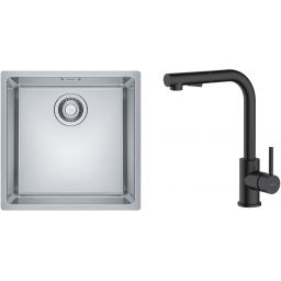 Zestaw Franke Maris MRX 110-40 zlewozmywak 40x40 cm z baterią kuchenną Oltens Myvat stal szczotkowana/czarny mat (1220543995, 35205300)