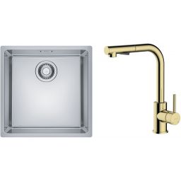 Zestaw Franke Maris MRX 110-40 zlewozmywak 40x40 cm z baterią kuchenną Oltens Myvat stal szczotkowana/złoty połysk (1220543995, 35205800)