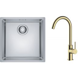 Zestaw Franke Maris MRX 110-40 zlewozmywak 40x40 cm z baterią kuchenną Oltens Skaft stal szczotkowana/złoty połysk (1220543995, 35206800)