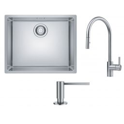 Zestaw Franke Maris 110-50 zlewozmywak stalowy 50x40 cm jedwab z baterią kuchenną Eos Neo i dozownikiem do płynów 350 ml (1220543996, 1150590045, 1120717084)