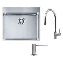 Zestaw Franke Box BXX 210-54 TL zlewozmywak stalowy 57x51 cm stal szczotkowana z baterią kuchenną Eos Neo i dozownikiem do płynów 350 ml (1270369295, 1150590045, 1120717084)