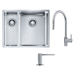 Zestaw Franke Box BXX 260/160-34-16 zlewozmywak stalowy 56x45 cm stal szczotkowana z baterią kuchenną Eos Neo i dozownikiem do płynów 350 ml (1270369916, 1150590045, 1120717084)