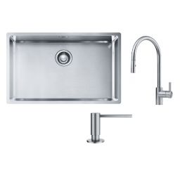 Zestaw Franke Box BXX 210/110-68 zlewozmywak stalowy 72,5x45 cm stal szczotkowana z baterią kuchenną Eos Neo i dozownikiem do płynów 350 ml (1270453658, 1150590045, 1120717084)