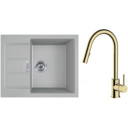 Zestaw Franke Sirius 2.0 S2D 611-62 zlewozmywak 62x50 cm z baterią kuchenną Oltens Litla kamienny szary/złoty połysk (1430618668, 35204800)