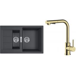 Zestaw Franke Sirius 2.0 S2D 651-78 zlewozmywak 78x50 cm z baterią kuchenną Oltens Myvat onyx/złoty połysk (1430618687, 35205800)