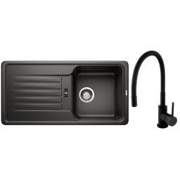 Zestaw Blanco Favos 45 S zlewozmywak granitowy 86x43,5 cm czarny z baterią stojącą Hagser Emma czarna (526079, HGR70000035)