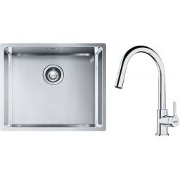 Zestaw Franke Box zlewozmywak stalowy 54x45 cm stal z baterią kuchenną stojąca z wyciąganą wylewką chrom (127.0453.656, 115.0693.229)