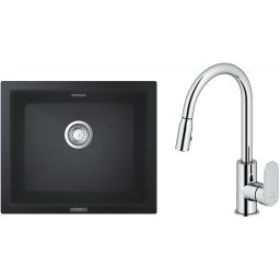 Zestaw Grohe K700U zlewozmywak granitowy 53,3x45,7 cm z baterią kuchenną Oltens Lista czarny granit/chrom (31654AP0, 35202100)