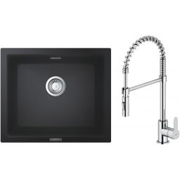Zestaw Grohe K700U zlewozmywak granitowy 53,3x45,7 cm z baterią kuchenną Oltens Duf czarny granit/chrom (31654AP0, 35203100)