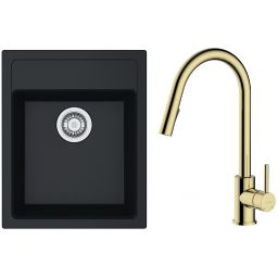 Zestaw Franke Sirius SID 610-40 zlewozmywak 43x53 cm z baterią kuchenną Oltens Litla onyx/złoty połysk (1140496104, 35204800)