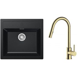 Zestaw Franke Sirius SID 610 zlewozmywak 56x53 cm z baterią kuchenną Oltens Litla onyx/złoty połysk (1140205049, 35204800)