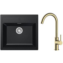 Zestaw Franke Sirius SID 610 zlewozmywak 56x53 cm z baterią kuchenną Oltens Skafta onyx/złoty połysk (1140205049, 35206800)