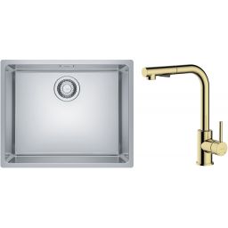 Zestaw Franke Maris 110-50 zlewozmywak stalowy 50x40 cm z baterią kuchenną Oltens Myvat jedwab/złoty połysk (1220543996, 35205800)