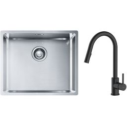 Zestaw Franke Box BXX 210/110-50 zlewozmywak stalowy 54x45 cm z baterią kuchenną Oltens Litla stal/czarny mat (1270453656, 35204300)