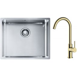 Zestaw Franke Box BXX 210/110-50 zlewozmywak stalowy 54x45 cm z baterią kuchenną Oltens Skafta stal/złoty połysk (1270453656, 35206800)