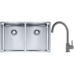 Franke Box BXX 220/120 34-34 zlewozmywak 74x45 cm stalowy z baterią kuchenną Lina kamienny szary (1270370188, 1150626022)