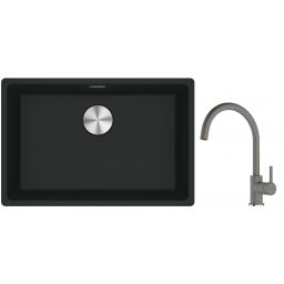 Franke Maris MRG 110-62 zlewozmywak 62x40 cm Fragranite czarny mat z baterią kuchenną Lina kamienny szary (1250687256, 1150626022)