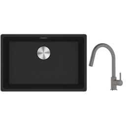 Franke Maris MRG 110-62 zlewozmywak 62x40 cm Fragranite czarny mat z baterią kuchenną Lina kamienny szary (1250687256, 1150626057)