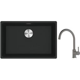 Franke Maris MRG 110-52 zlewozmywak 52x40 cm Fragranite czarny mat z baterią kuchenną Lina kamienny szary (1250687252, 1150626022)